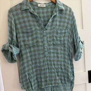 Bella Dahl Quarter Button Pop Over Button Down Plaid Blouse Blue Green L